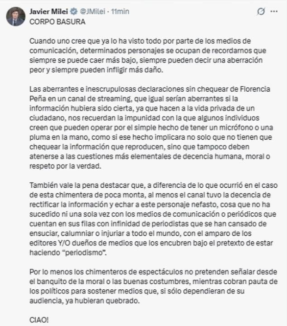 “Chimentera de poca monta”: Milei apuntó contra Florencia Peña por la fakenews del padre de Messi