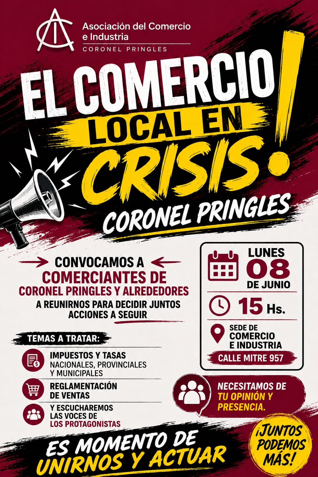   Comerciantes de Pringles convocan a una reunión clave por la crisis del sector