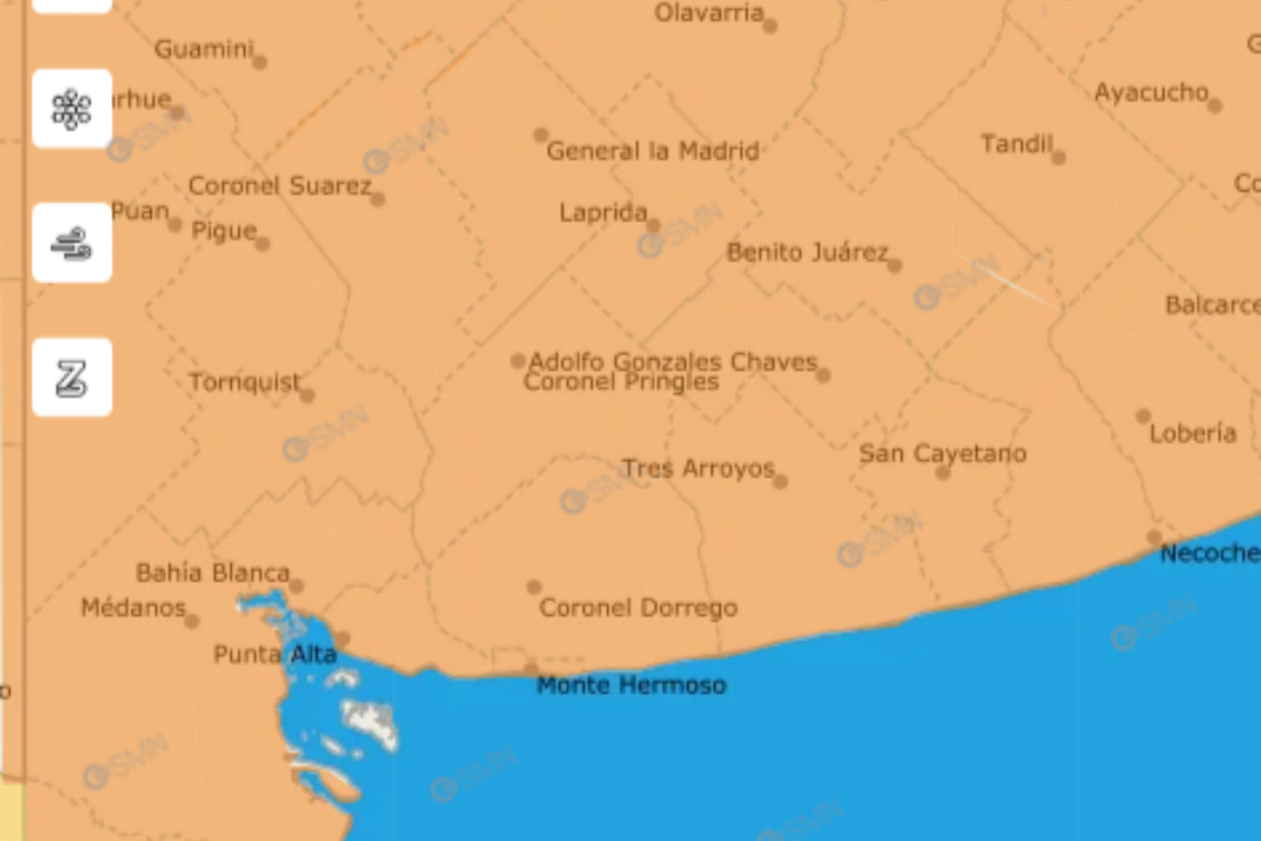 El SMN elevó a naranja el alerta por tormentas durante el miércoles para Pringles y la zona
