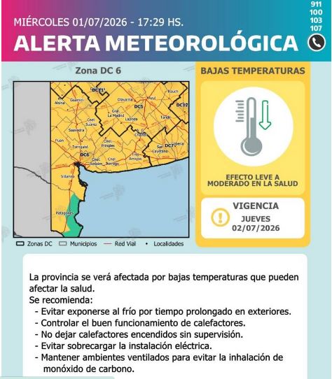 Ola de frío: el Servicio Meteorológico emitió un alerta amarillo por bajas temperaturas en la región