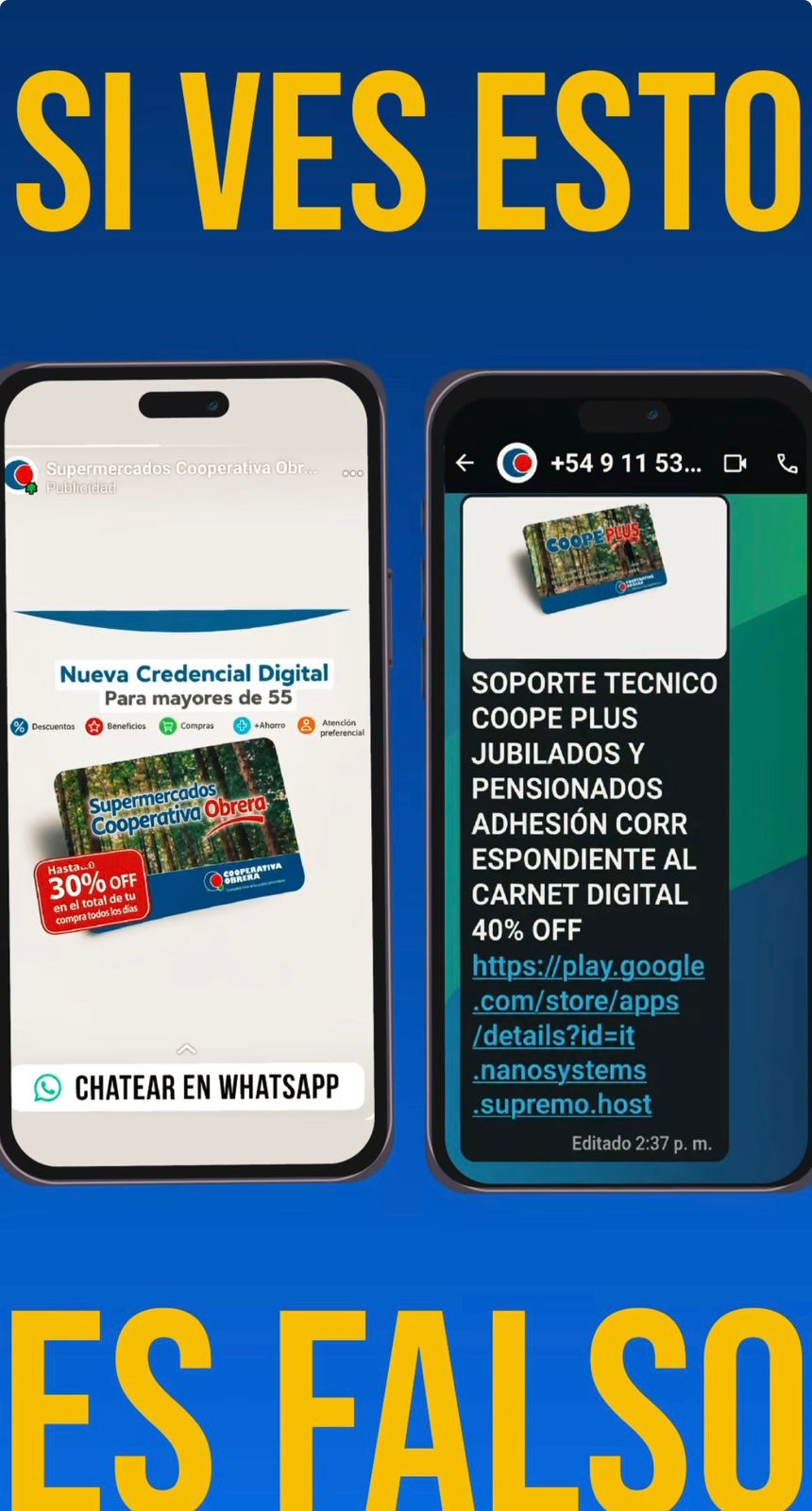 Alerta por estafas virtuales: advierten sobre falsos mensajes en nombre de la Cooperativa Obrera