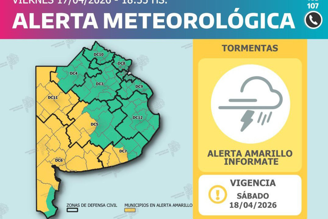 Alerta amarilla por tormentas desde la tarde del sábado
