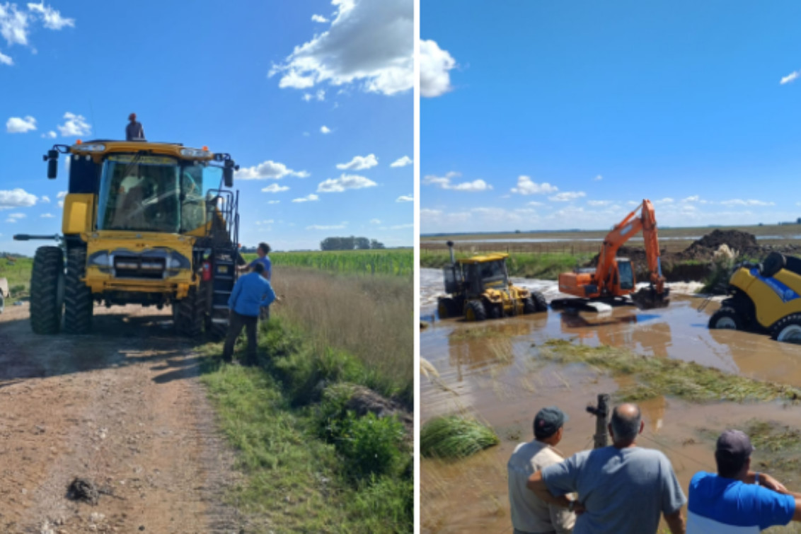 Desborde del Quequén Salado: rescatan la cosechadora del camino inundado