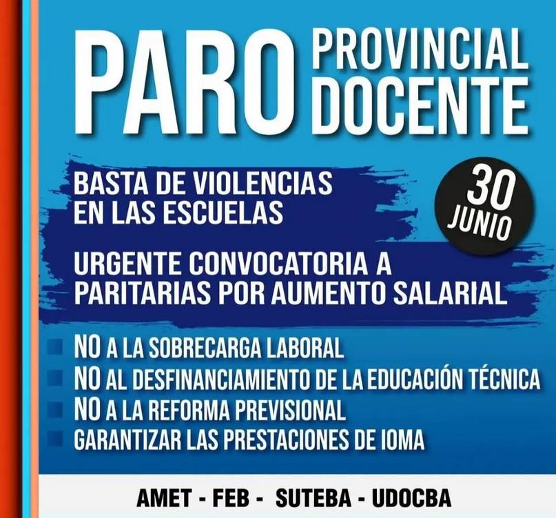 Los docentes bonaerenses anunciaron un nuevo paro: este martes no habrá clases en la Provincia